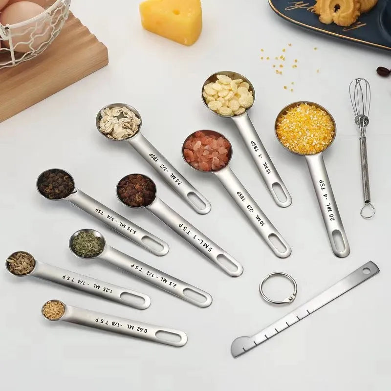 Conjunto de Colheres Medidoras em Aço Inoxidável de 4/6/7/8 Peças com Régua de Medição