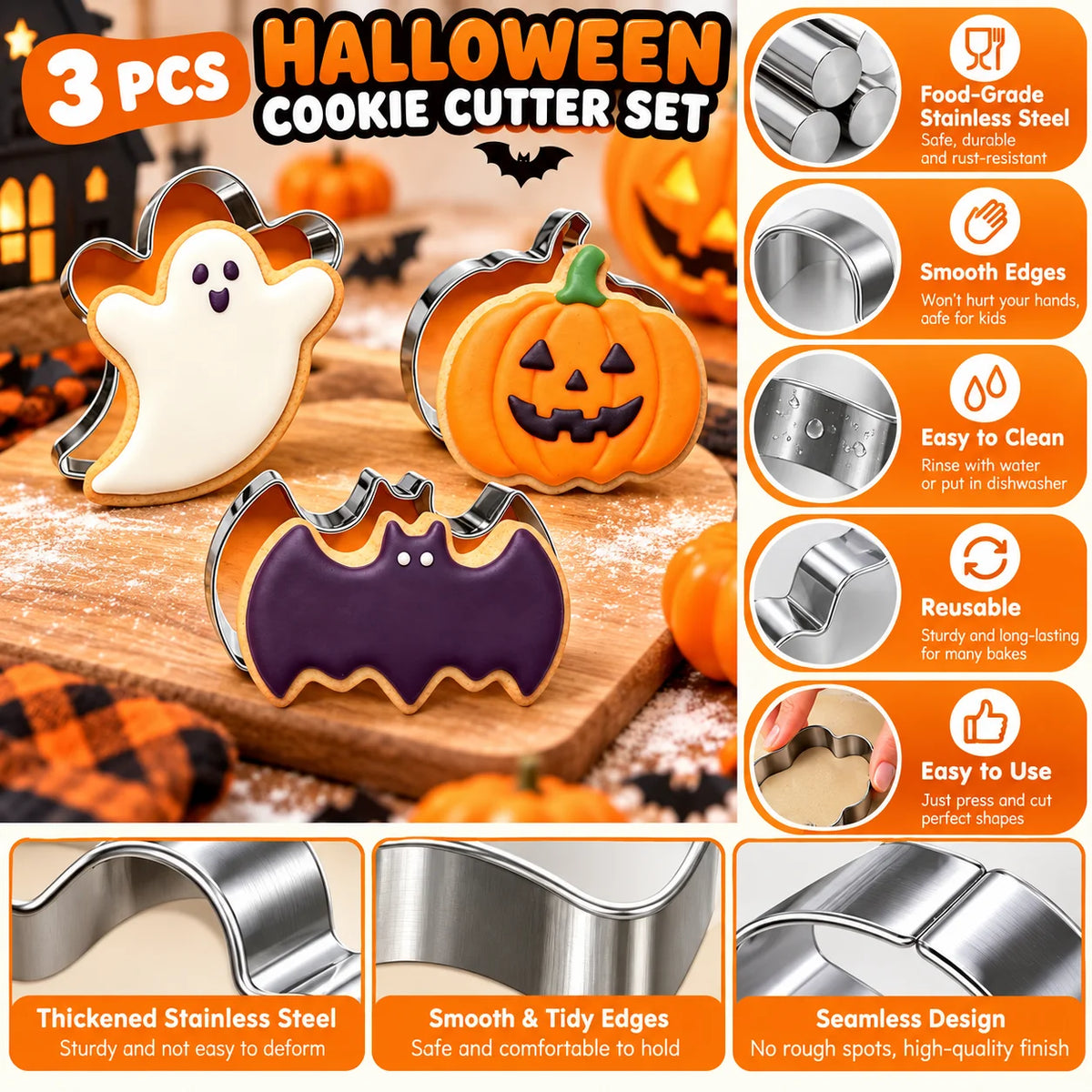 3PCS Halloween Cookie Cutter Set Food-Safe Stainless Steel Bat Pumpkin Ghost Molds for Candy Fruit Pancake Holiday Home Baking