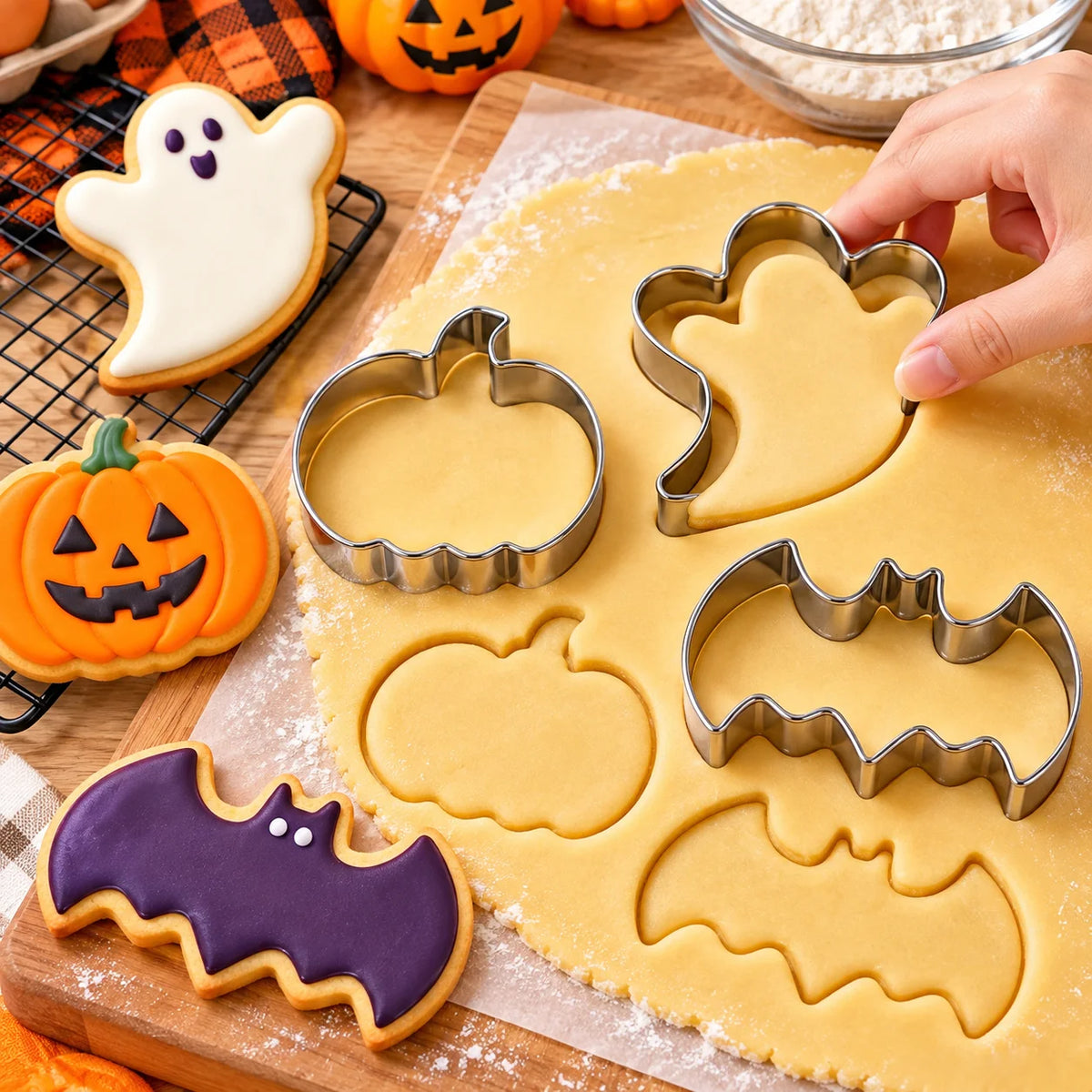 3PCS Halloween Cookie Cutter Set Food-Safe Stainless Steel Bat Pumpkin Ghost Molds for Candy Fruit Pancake Holiday Home Baking
