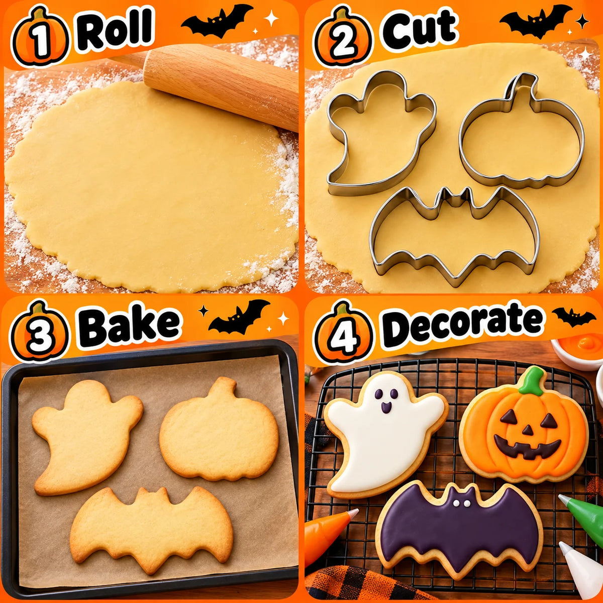 3PCS Halloween Cookie Cutter Set Food-Safe Stainless Steel Bat Pumpkin Ghost Molds for Candy Fruit Pancake Holiday Home Baking