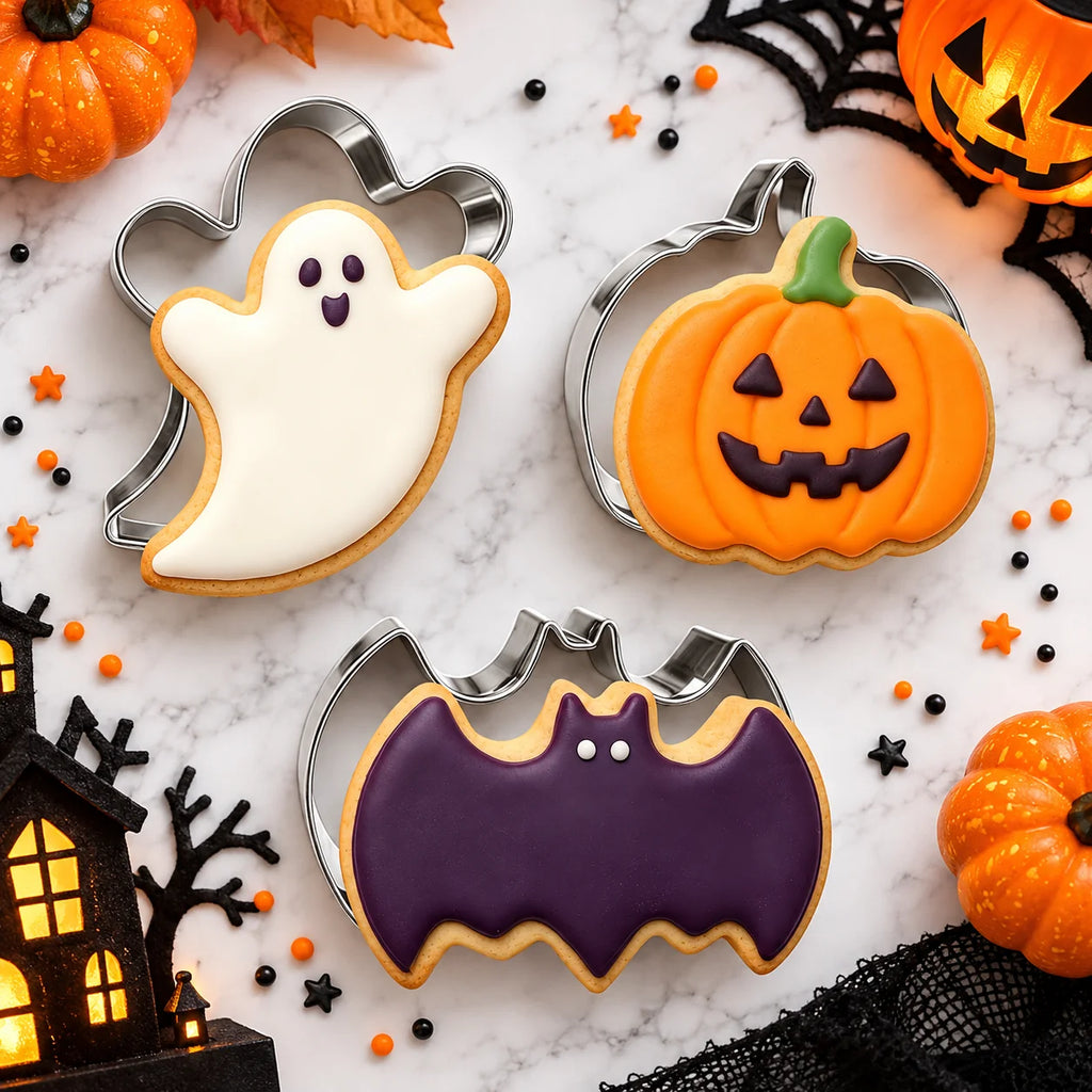 3PCS Halloween Cookie Cutter Set Food-Safe Stainless Steel Bat Pumpkin Ghost Molds for Candy Fruit Pancake Holiday Home Baking