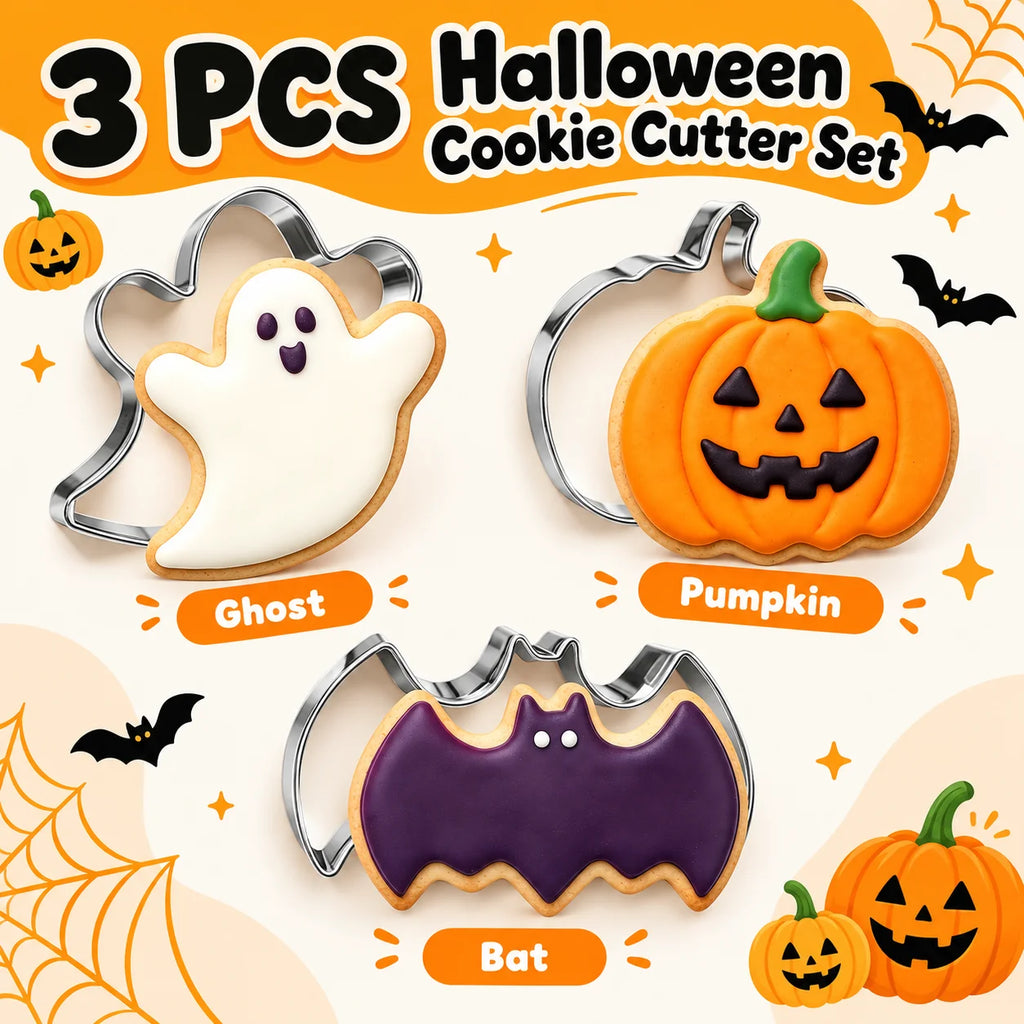 3PCS Halloween Cookie Cutter Set Food-Safe Stainless Steel Bat Pumpkin Ghost Molds for Candy Fruit Pancake Holiday Home Baking